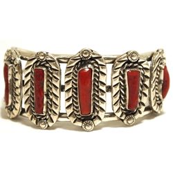 Old Pawn Navajo Coral Sterling Silver Cuff Bracelet - DC
