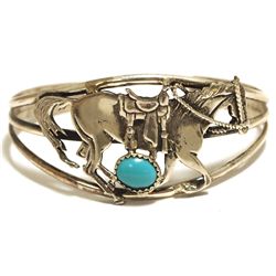 Old Pawn Navajo Turquoise Sterling Silver Horse Cuff Bracelet