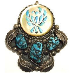 Old Pawn Zuni Mother of Pearl & Turquoise Sterling Silver Pendant - Florentine Panteah