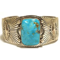 Old Pawn Navajo Lone Mountain Turquoise Sterling Silver Cuff Bracelet - Leroy James