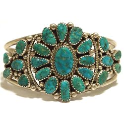 Old Pawn Navajo Turquoise Cluster Sterling Silver Cuff Bracelet - AT?