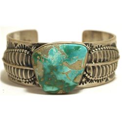 Old Pawn Navajo Blue Gem Turquoise Sterling Silver Cuff Bracelet - Leroy James
