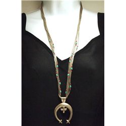 Old Pawn Navajo Turquoise & Coral Sterling Silver Liquid Silver Necklace - AC