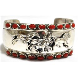 Old Pawn Navajo Coral Sterling Silver Horses Cuff Bracelet - Emer Thompson