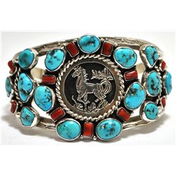 Old Pawn Coral & Turquoise Cluster Sterling Silver Horse Cuff Bracelet - R
