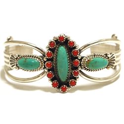 Old Pawn Navajo Coral & Turquoise Sterling Silver Cuff Bracelet - MC