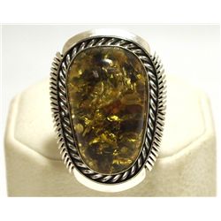 Navajo Yellow Flecked Amber Sterling Silver Women's Ring - Eugene Belone