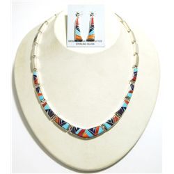 Navajo Multi-Stone Inlay Sterling Silver Link Necklace & Earrings Set - Calvin Begay