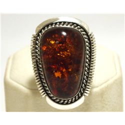 Navajo Orange Flecked Amber Sterling Silver Women's Ring - Eugene Belone