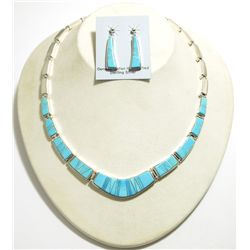 Navajo Turquoise Inlay Sterling Silver Link Necklace & Earrings Set - Calvin Begay