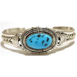 Navajo Sleeping Beauty Turquoise Sterling Silver Cuff Bracelet - Eugene Belone