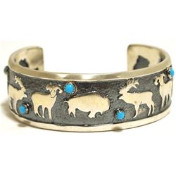 Navajo Turquoise Sterling Silver Animals Cuff Bracelet - Charles Johnson