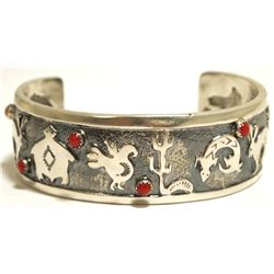 Navajo Coral Sterling Silver Animals Cuff Bracelet - Charles Johnson