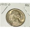 Image 1 : 1951-D JEFFERSON NICKEL KEY DATE RED BOOK VALUE IS $7.00 *RARE BU HIGH GRADE*!!
