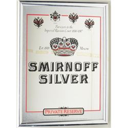 Framed Smirnoff Silver Private Reserve bar  mirror in good condition approx. 24” x 18”.   Est.:  $25