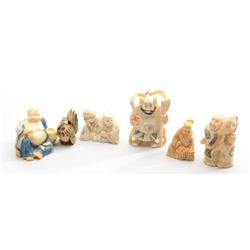 Lot of 6 carved ivory netsuke figurines  including five different male figures and a  bird; all in v