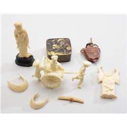 Misc. lot of oriental items including a  carved ivory woman on wood base, approx. 4”  high; a carved