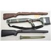 Image 1 : Lot of three rifle stocks and a reproduction  U.S. ’03 bayonet scabbard including a black  composite