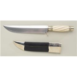 Custom bowie style knife with leather sheath  approx. 13-1/2” overall with an approx.  8-1/2” blade 