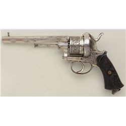 Large frame pinfire revolver, 11mm cal., 6”  octagon barrel, engraved, nickel finish,  fancy relief 