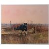 Image 1 : Large color print of a mother black bear and  her cubs raiding a fishing camp, image size  is approx