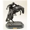 Image 1 : Old high quality re-cast large bronze of a  cowboy on a bucking horse with lots of  action, by Frede