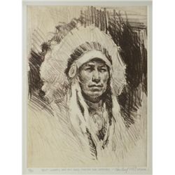 Framed sepia toned limited edition (42/50)  etching of an Indian Chief, signed by noted  Western art