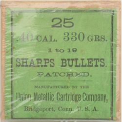 Original box of 25 Sharps Patched Bullets by  Union Metallic Cartridge Company in .40  caliber, 330 