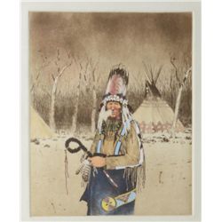 Framed colored etching on heavy rag paper by  Michael Coleman of an Indian Medicine Man in  Winter, 