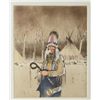 Image 1 : Framed colored etching on heavy rag paper by  Michael Coleman of an Indian Medicine Man in  Winter, 