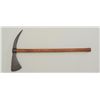 Image 1 : Iron spike head style axe, no markings,  simple wood shaft that is somewhat loose to  the head; dark