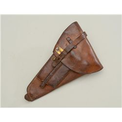 Military leather flap holster for a Finnish  Lahti semi-auto pistol in overall good  condition with 