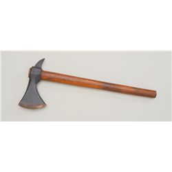 Copy of a boarding axe with an iron head  marked “Cast Steel, Allan Mfg, Warranted” and  wood shaft 