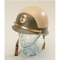 Old-style LA Co. Sheriff’s Dept. helmet with  liner, decorative band and enameled hat piece  in over