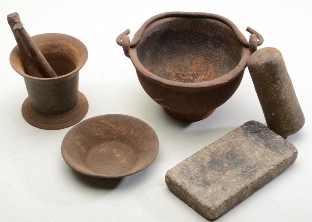 Lot of old utensils including a small old iron pot, small plate, a