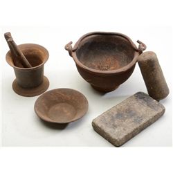 Lot of old utensils including a small old  iron pot, small plate, a mortar and two  pestals along wi