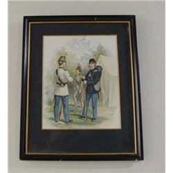 Framed and matted military print showing  three soldiers in dress uniform, approx. 15”  x 12” overal