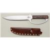 Image 1 : Modern unmarked large bowie style knife with  wood grip and leather sheath approx. 18”  overall with