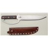 Image 2 : Modern unmarked large bowie style knife with  wood grip and leather sheath approx. 18”  overall with