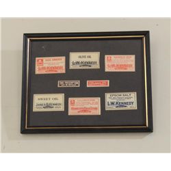 Framed collection of 8 original early Drug  Store labels from the L.W. Kennedy Druggist,  Purcell, O