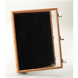 Well-made oak and glass hinged display case  approx. 18” x 24” x 2-1/4” with black  material covered