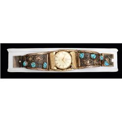 Older Waltham 17 jewel watch in custom  turquoise and gold ornate watchband marked  “12K GF” and L &