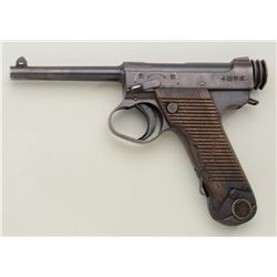 Japanese Nambu semi-auto pistol, 8mm cal.,  4-3/4” barrel, plum brown patina, wood grips,  #91813. T