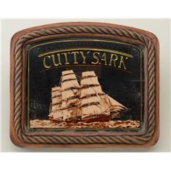 Cutty Sark Scotch bar mirror in faux wood  frame approx. 15” x 18” in good condition.   Est.:  $25-$