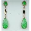 Image 1 : Elegant 14 karat yellow gold ladies drop  earrings set with four matching nice green  Jade weighing 