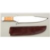 Image 1 : Massive bowie knife by Lee with exotic wood  grip and leather sheath, approx. 20-1/2”  overall and a