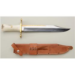 Huge clip-point bowie knife by Ruana  with-Ruana marked heavy leather sheath,  approx. 19-1/2” with 