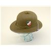 Image 2 : A German Tropical Helmet constructed of green  felt like material showing 2 Nazi emblems,  chin stra