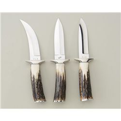 Lot of three stag handled custom modern  knives signed “RB”, each in like new  condition with an app