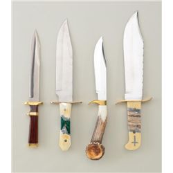 Lot of four modern custom knives including a  large unmarked clip point bowie with  multi-color grip